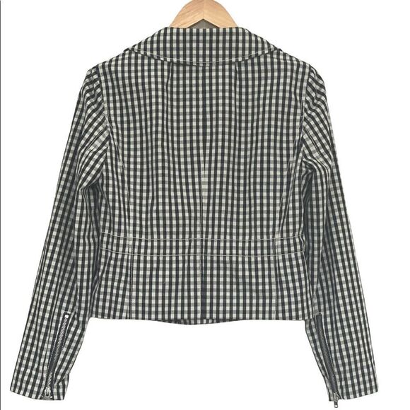 J. CREW Collection Size 8 Navy White Gingham Moto Asym Zip Jacket - Picture 7 of 13